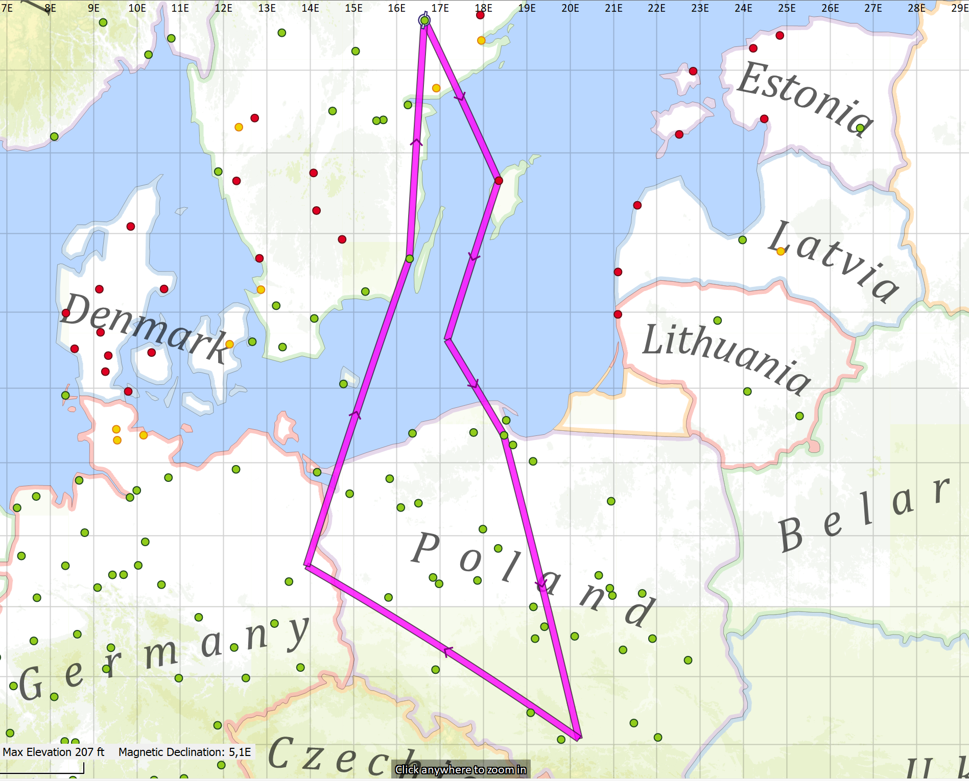 Karta över planerad rutt från Hässlö till Kraków via Polen