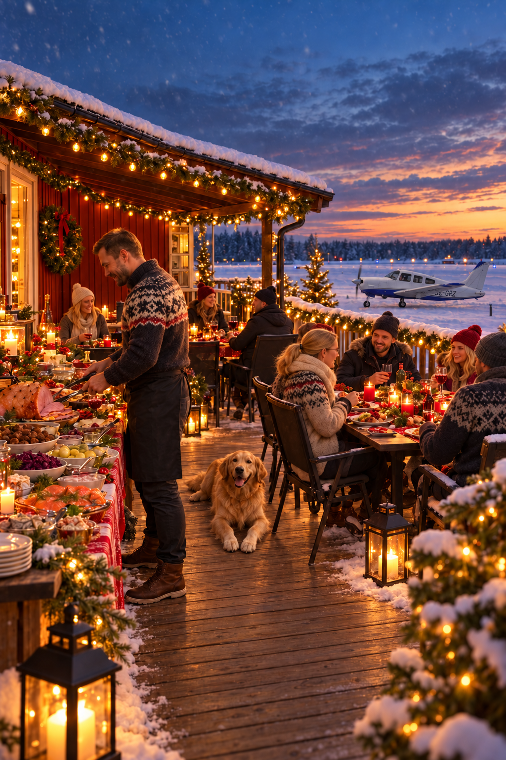 Julbord serverat på altanen vid Hässlö flygfält i snön, med flygplan i bakgrunden